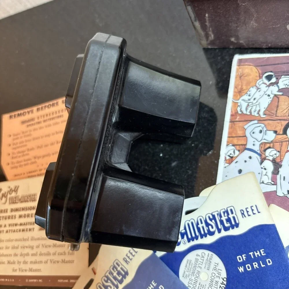 View Master Stereoscope Lot w Storage Box 4 Reels 1950s Vintage Bakelite Sawyers